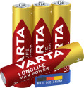 Varta Longlife Max Power, Batteria Alcalina, AAA, Micro, LR03, 1.5V, Blister da 4, Made in Germany